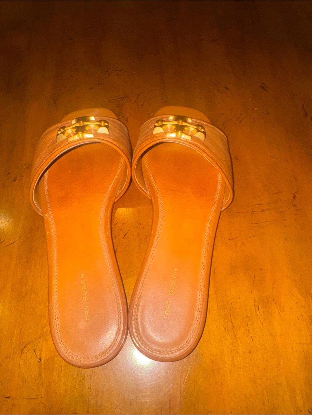 Tory Burch Cognac Leather Slide Sandals with Gold Logo - Picture 2 of 5